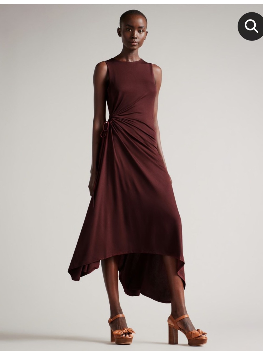 TED BAKER GIULLIA JERSEY DRESS WITH RUCHED CIRCLE CUT OUT, BROWN